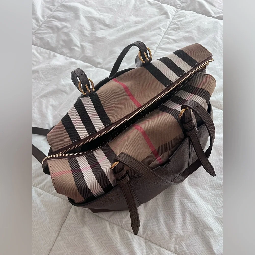 Burberry Brown Leather Tote with Classic Check Trim